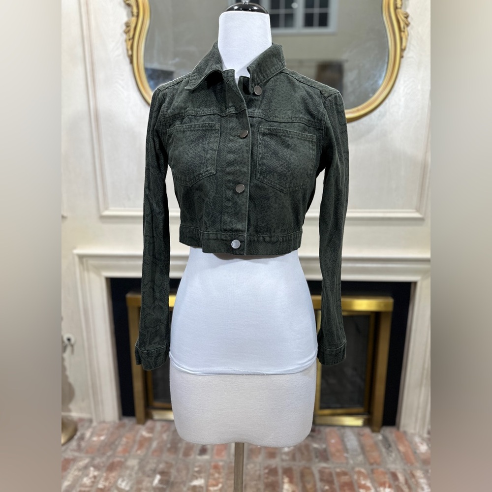 Hollister Cropped Denim Jacket S Snake Print Green‎ Utility Y2K